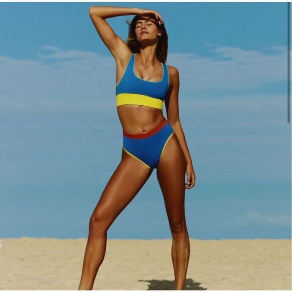 NWT Free People It’s Cool Now Blue and Yellow Bikini Top - Picture 2 of 8